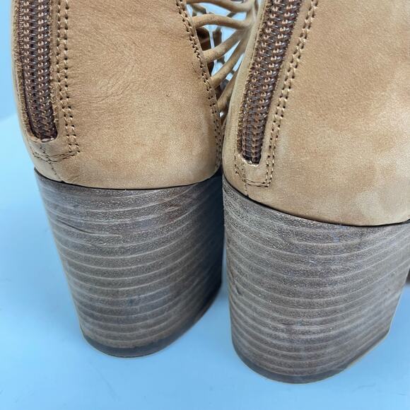 Vince Camuto | Kaiann Tan Suede Leather Lace Up Cut Out Block Heel Sandals - Picture 8 of 11